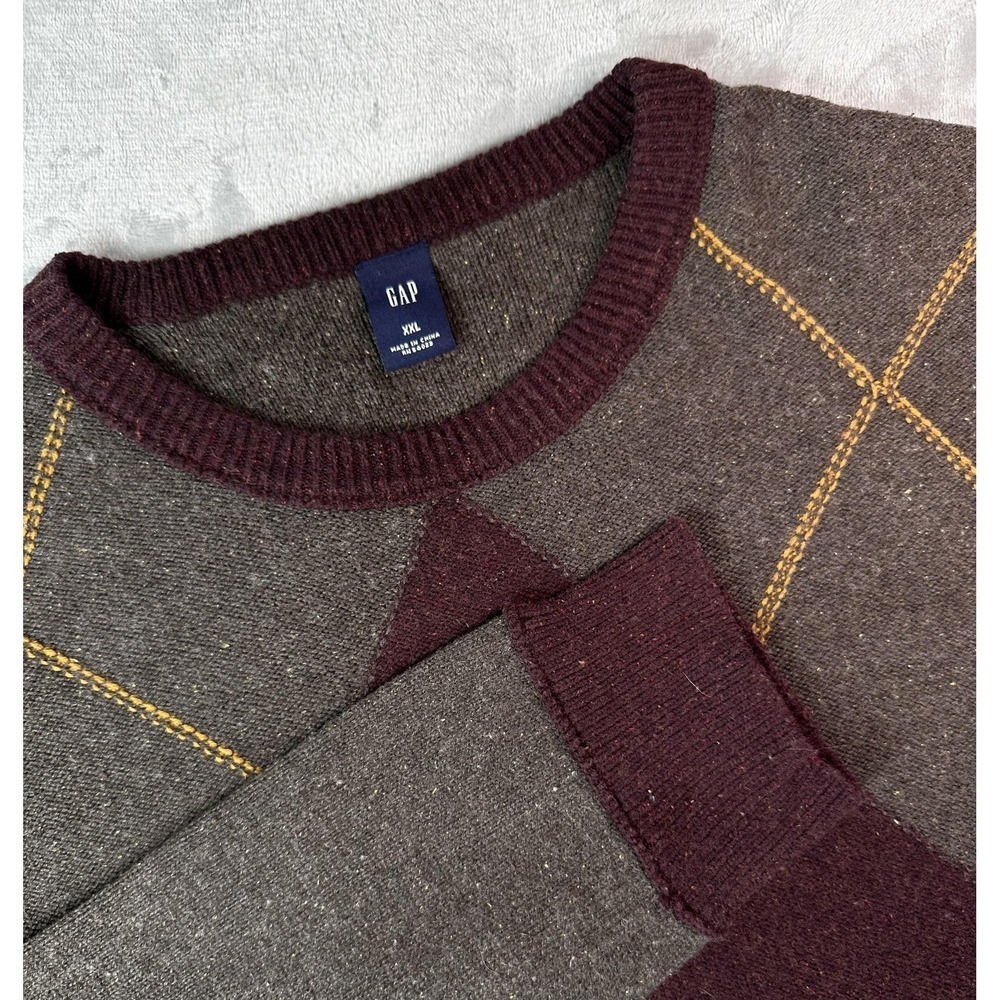VTG GAP Sweater Mens 2XL Brown Burgundy Argyle Crewneck Lambswool Blend Y2K